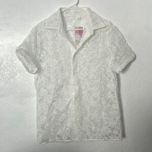 Men’s white lace short sleeve button down shirt size M sheer